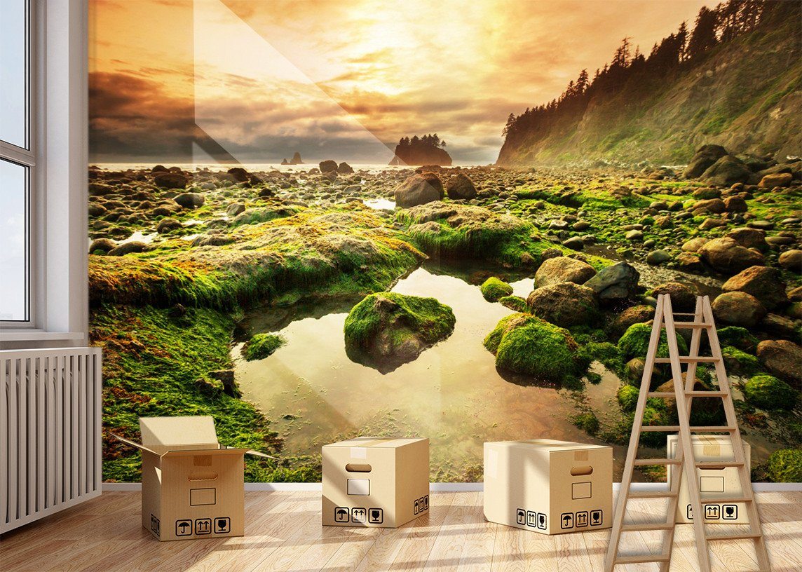 3D Sunset Glow River Stone 698 Wallpaper AJ Wallpaper
