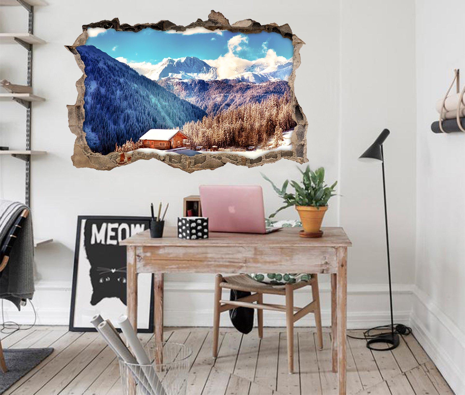 3D Snow Mountains Cottage 135 Broken Wall Murals Wallpaper AJ Wallpaper