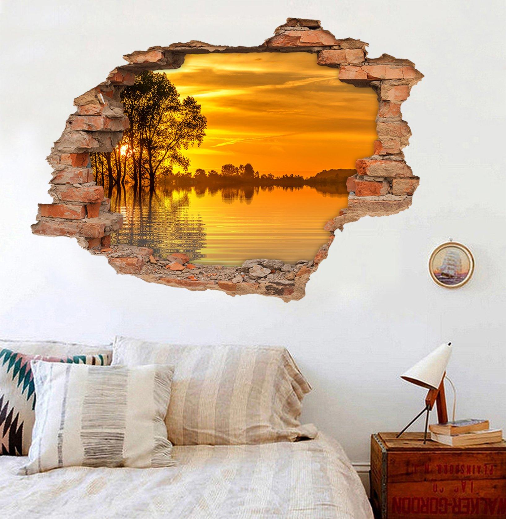 3D Lake Sunset Scenery 91 Broken Wall Murals Wallpaper AJ Wallpaper