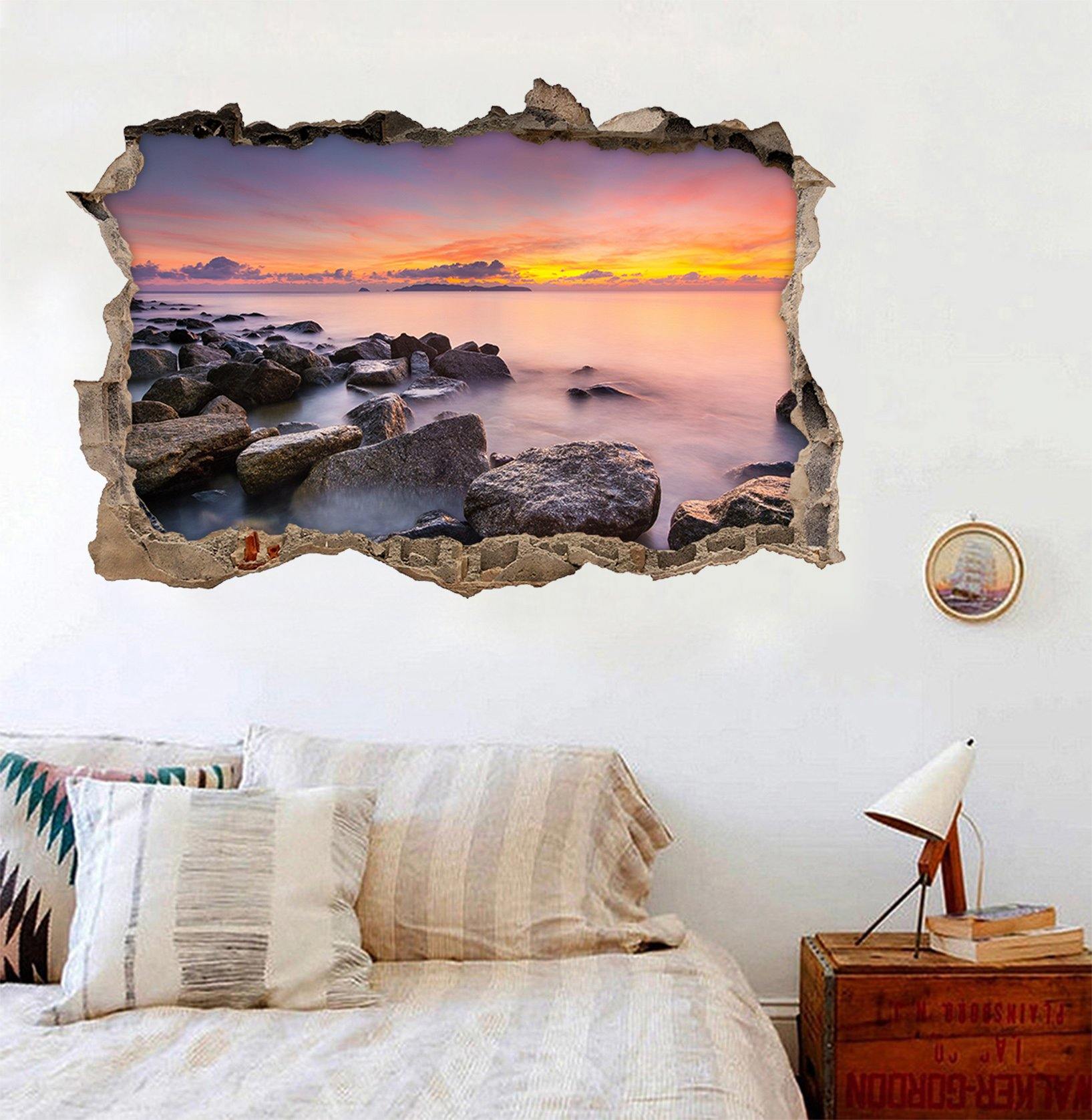 3D Stones Sea Sunset 375 Broken Wall Murals Wallpaper AJ Wallpaper