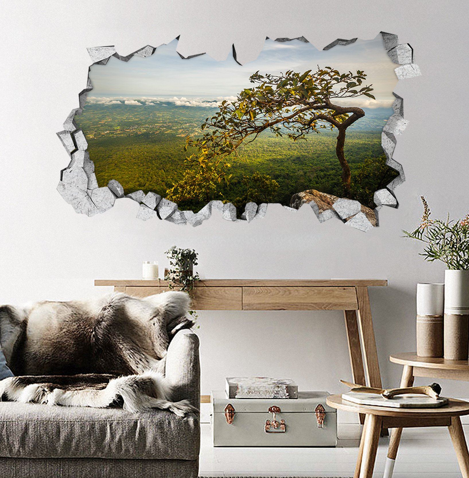 3D Vast Mountains Tree Scenery 012 Broken Wall Murals Wallpaper AJ Wallpaper