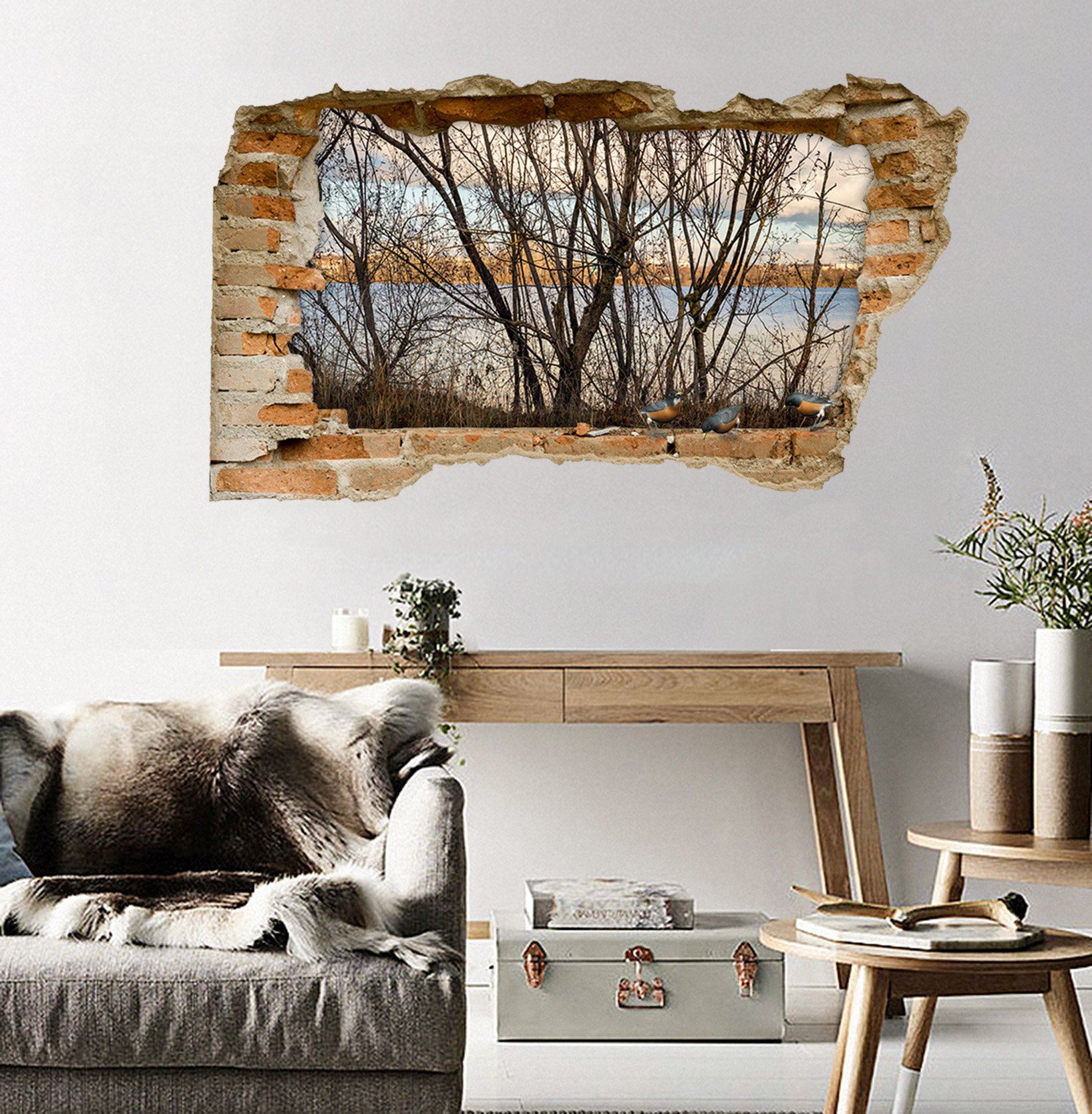 3D Lakeside Bare Trees Birds 105 Broken Wall Murals Wallpaper AJ Wallpaper