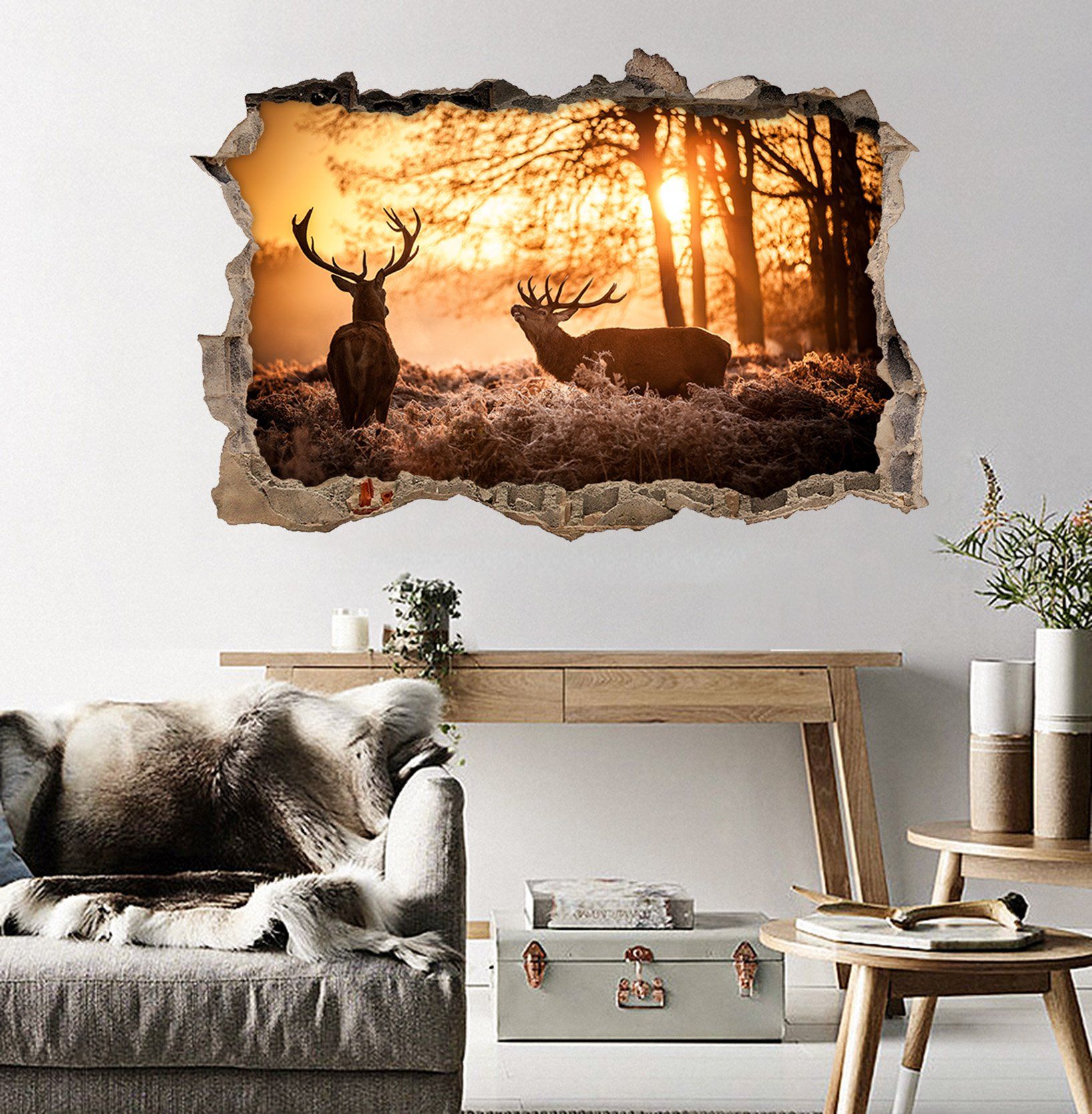 3D Sunset Forest Aniamls 118 Broken Wall Murals Wallpaper AJ Wallpaper