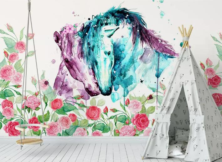 3D Horse Flower 1427 Wall Murals Wallpaper AJ Wallpaper 2