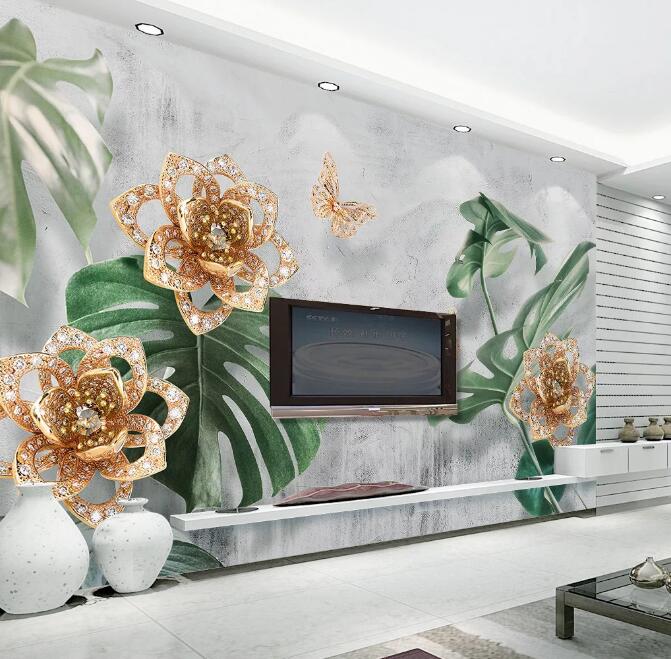 3D Golden Flowers 1295 Wall Murals Wallpaper AJ Wallpaper 2