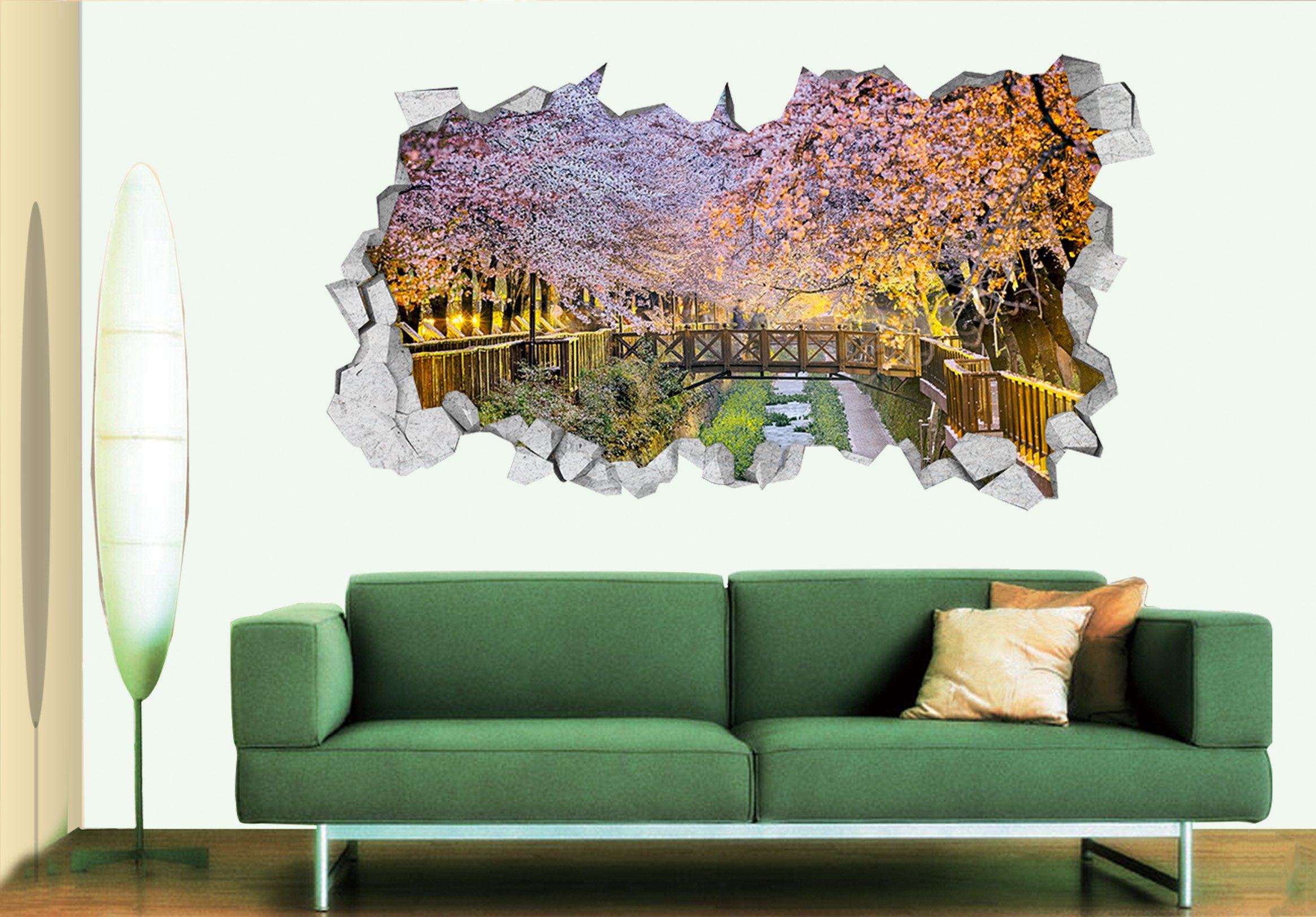 3D Riverside Flowering Trees 086 Broken Wall Murals Wallpaper AJ Wallpaper