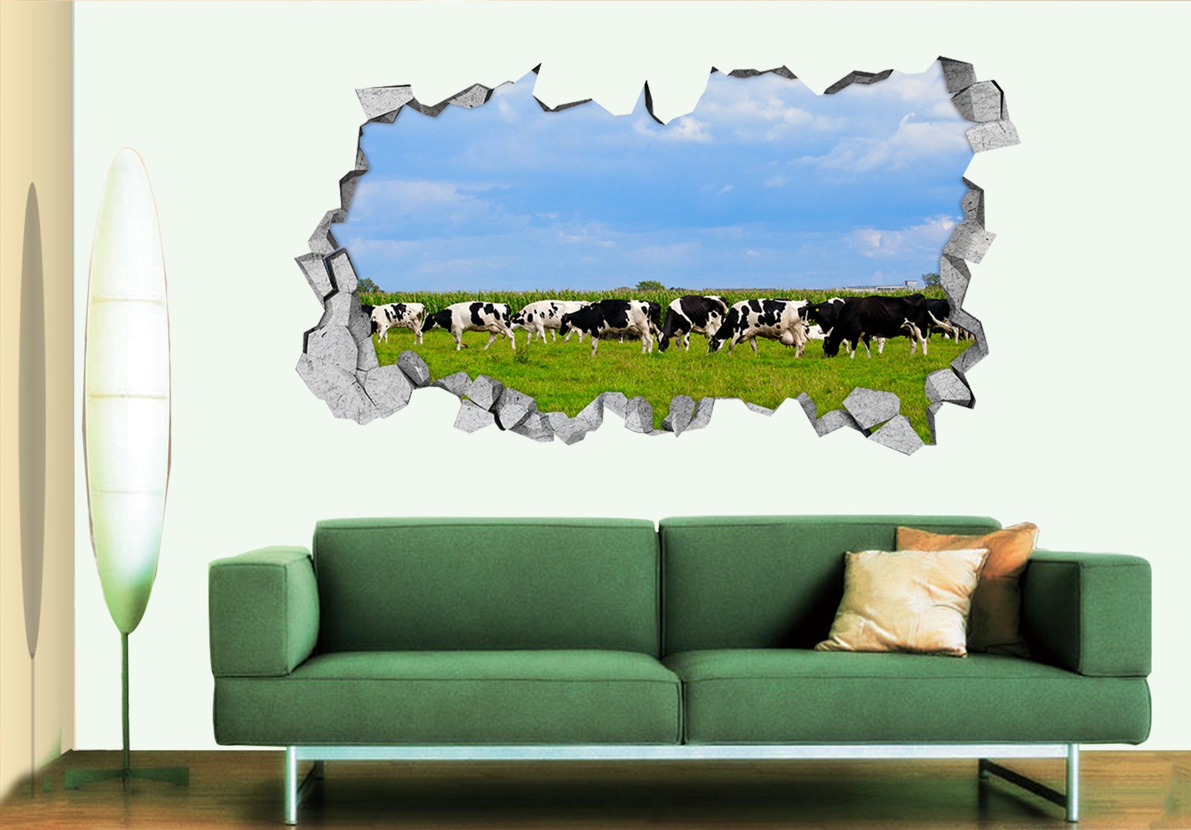 3D Grassland Cows 032 Broken Wall Murals Wallpaper AJ Wallpaper