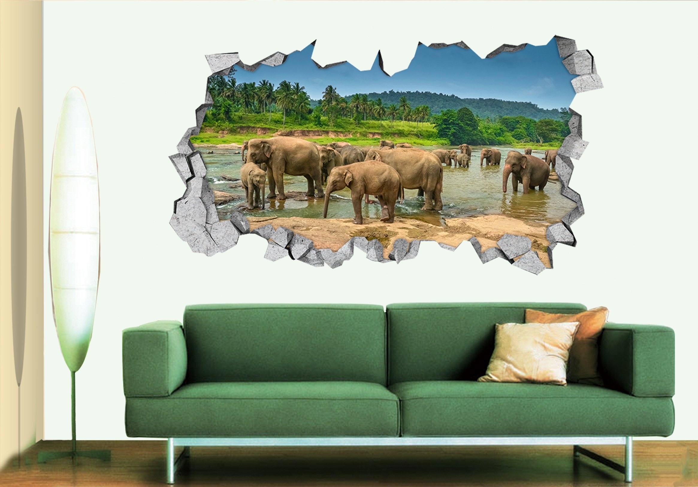3D River Elephants 302 Broken Wall Murals Wallpaper AJ Wallpaper