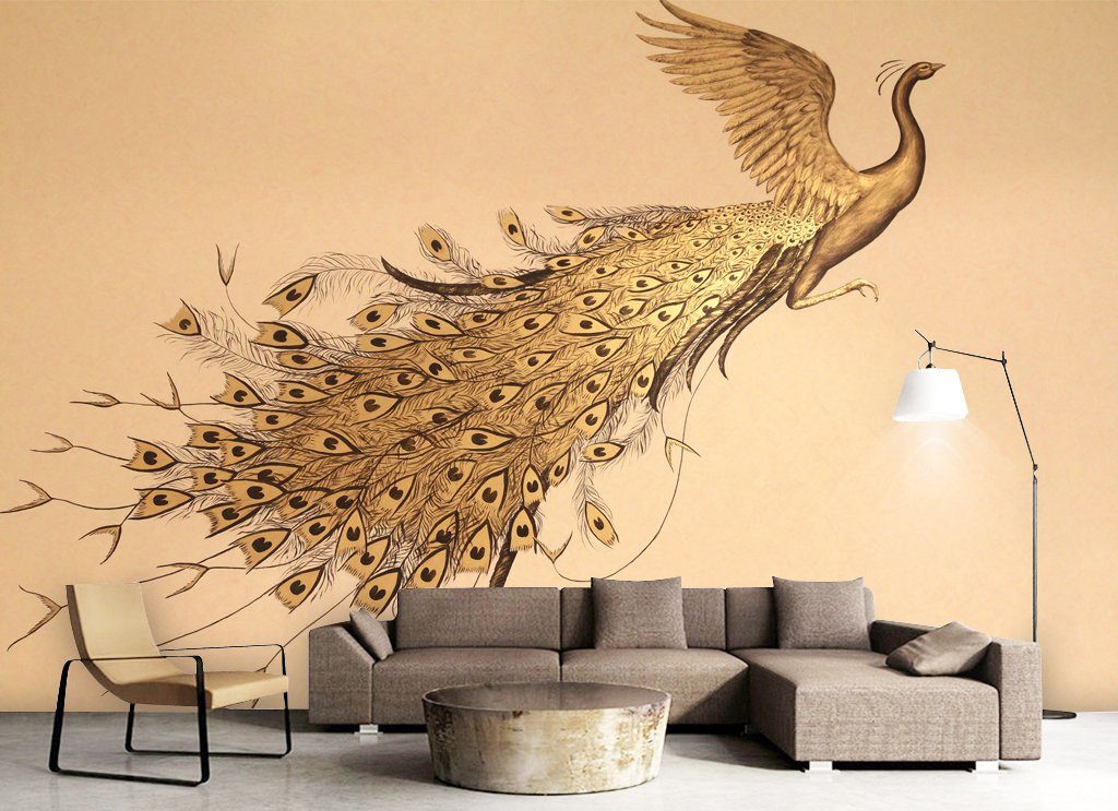 3D Golden Peacock 473 Wall Murals Wallpaper AJ Wallpaper 2
