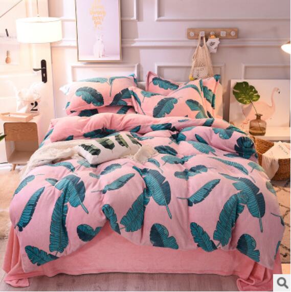 3D Pink Bottom Green Leaves 14003 Bed Pillowcases Quilt