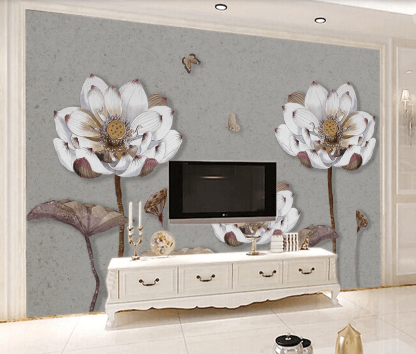 3D Lotus Butterfly WC1050 Wall Murals Wallpaper AJ Wallpaper 2