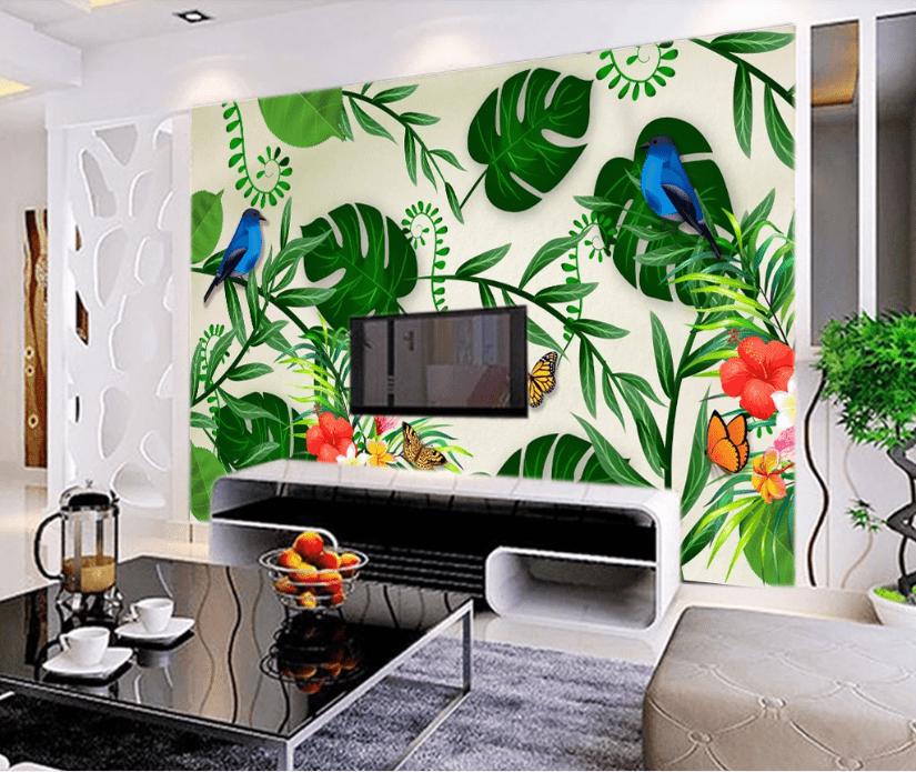 3D Blue Bird Leaf WC818 Wall Murals Wallpaper AJ Wallpaper 2