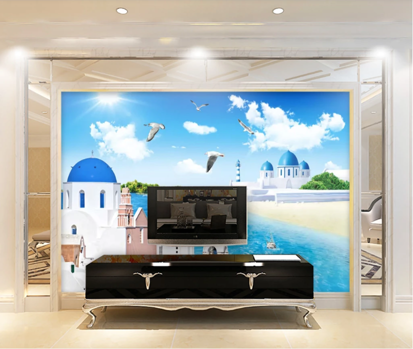3D Beach Seagull House WC717 Wall Murals