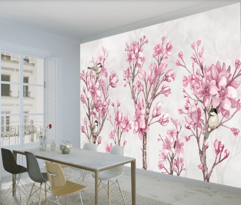 3D Pink Flower Magpie WC714 Wall Murals Wallpaper AJ Wallpaper 2