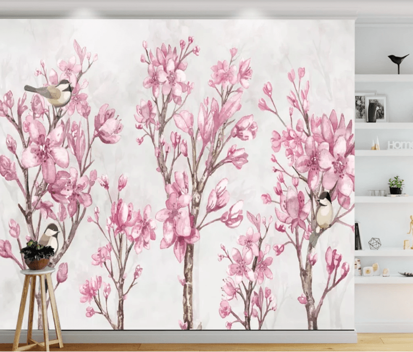 3D Pink Flower Magpie WC714 Wall Murals Wallpaper AJ Wallpaper 2