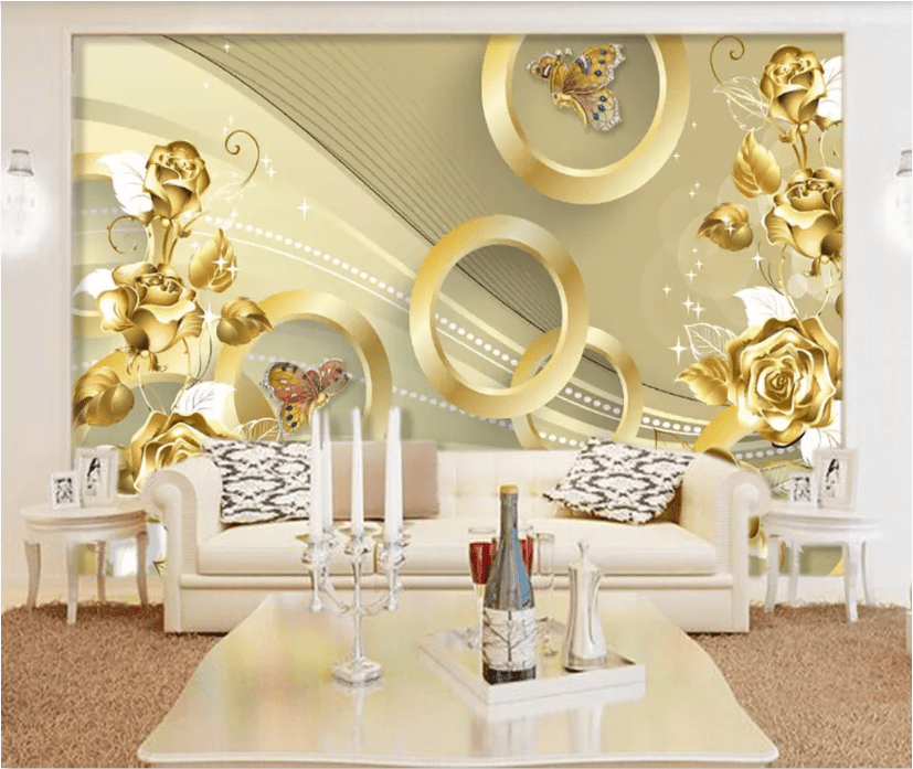 3D Gold Rose Butterfly WC707 Wall Murals Wallpaper AJ Wallpaper 2