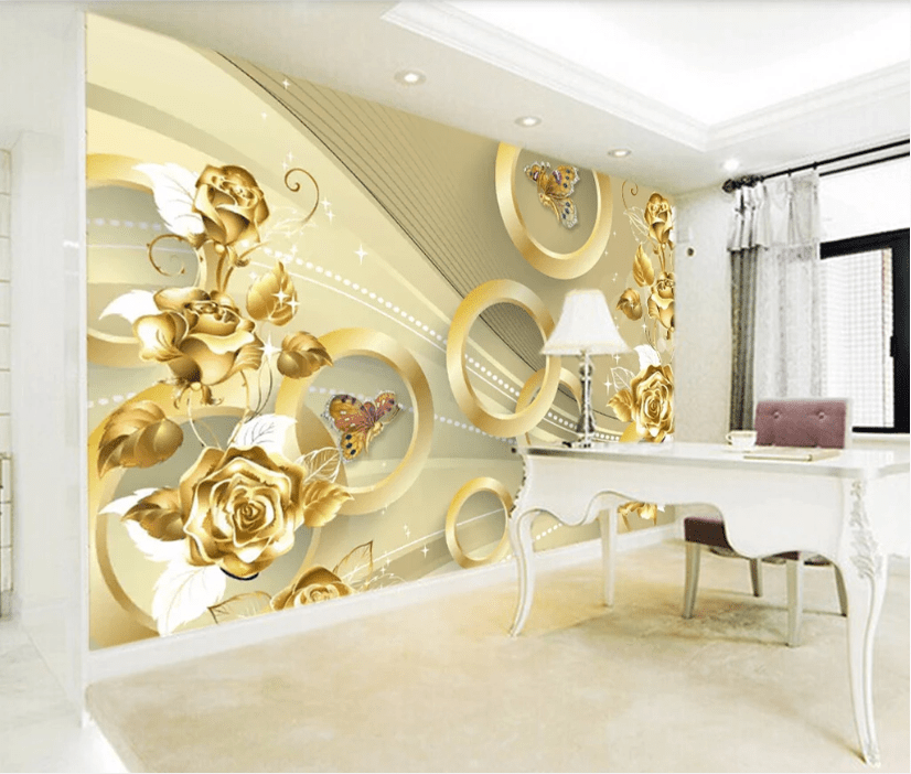 3D Gold Rose Butterfly WC707 Wall Murals Wallpaper AJ Wallpaper 2