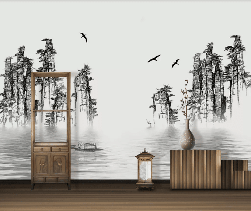 3D Boat Mountain WC575 Wall Murals Wallpaper AJ Wallpaper 2