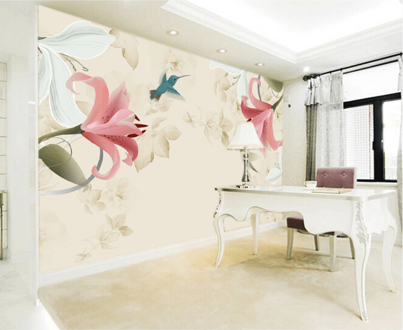 3D Red Lily Bird WC463 Wall Murals Wallpaper AJ Wallpaper 2