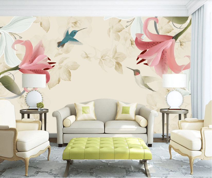 3D Red Lily Bird WC463 Wall Murals Wallpaper AJ Wallpaper 2