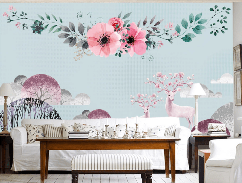 3D Pink Deer Flower WC304 Wall Murals Wallpaper AJ Wallpaper 2
