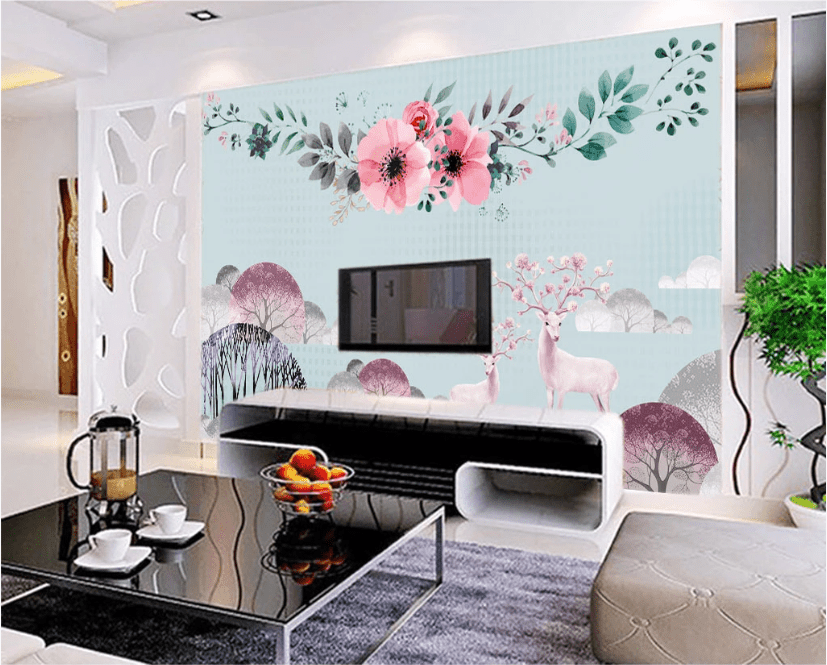3D Pink Deer Flower WC304 Wall Murals Wallpaper AJ Wallpaper 2