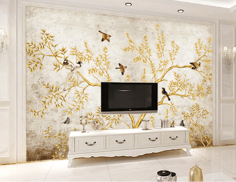 3D Golden Tree Bird WC181 Wall Murals Wallpaper AJ Wallpaper 2