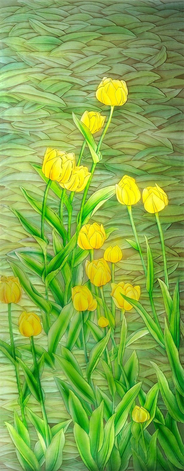 3D tulips green leaf oil Painting door mural Wallpaper AJ Wallpaper