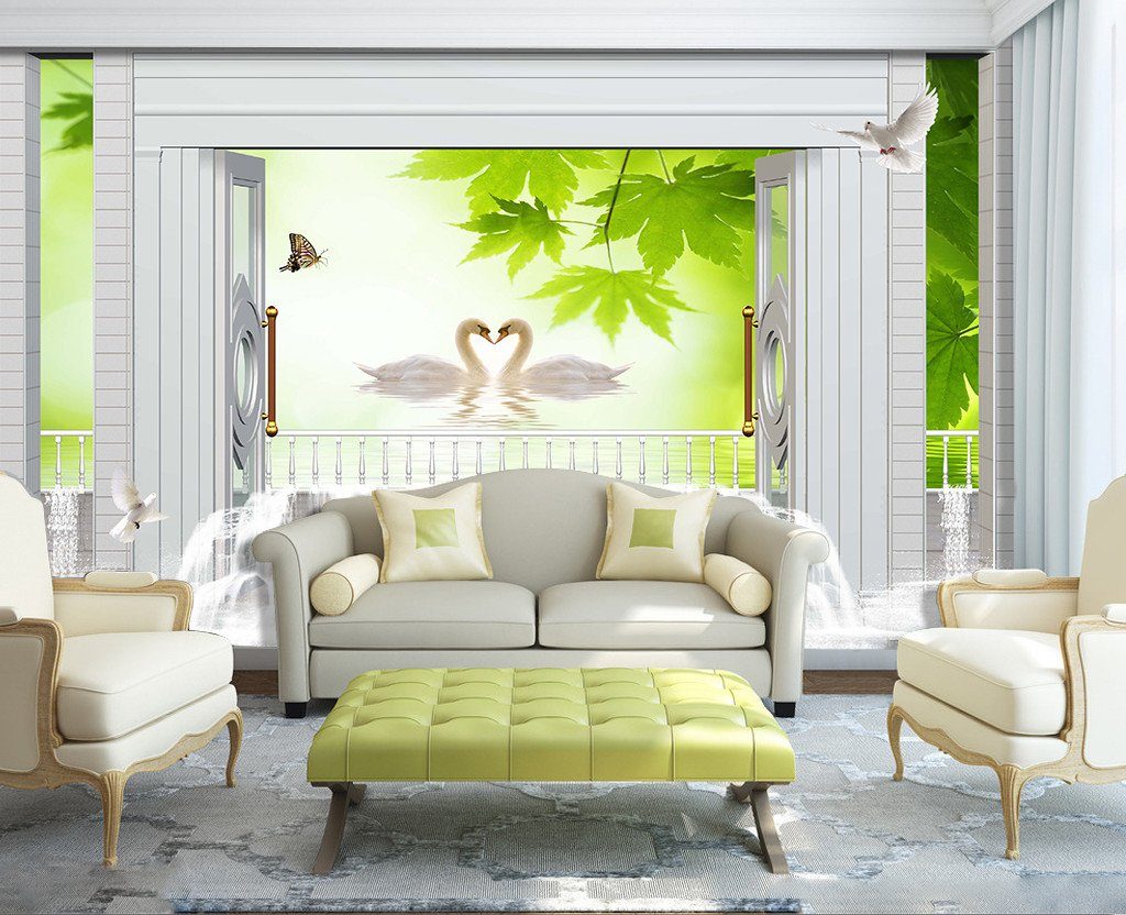 3D Green Tree Swan Lake 39 Wallpaper AJ Wallpapers