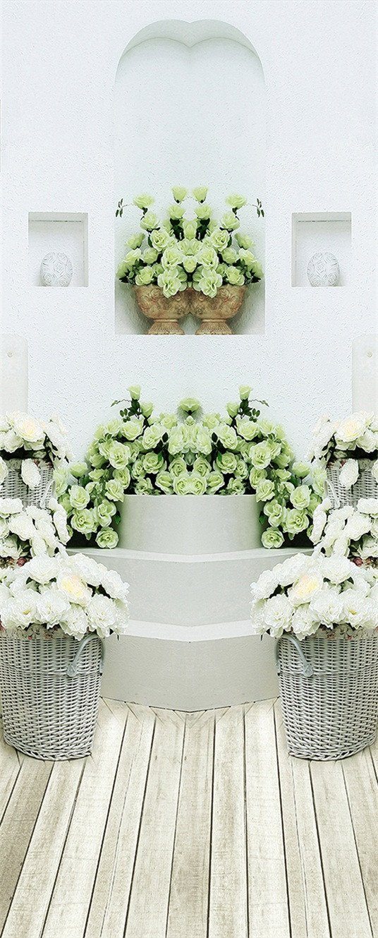 3D wooden floor flower flower blue door mural Wallpaper AJ Wallpaper