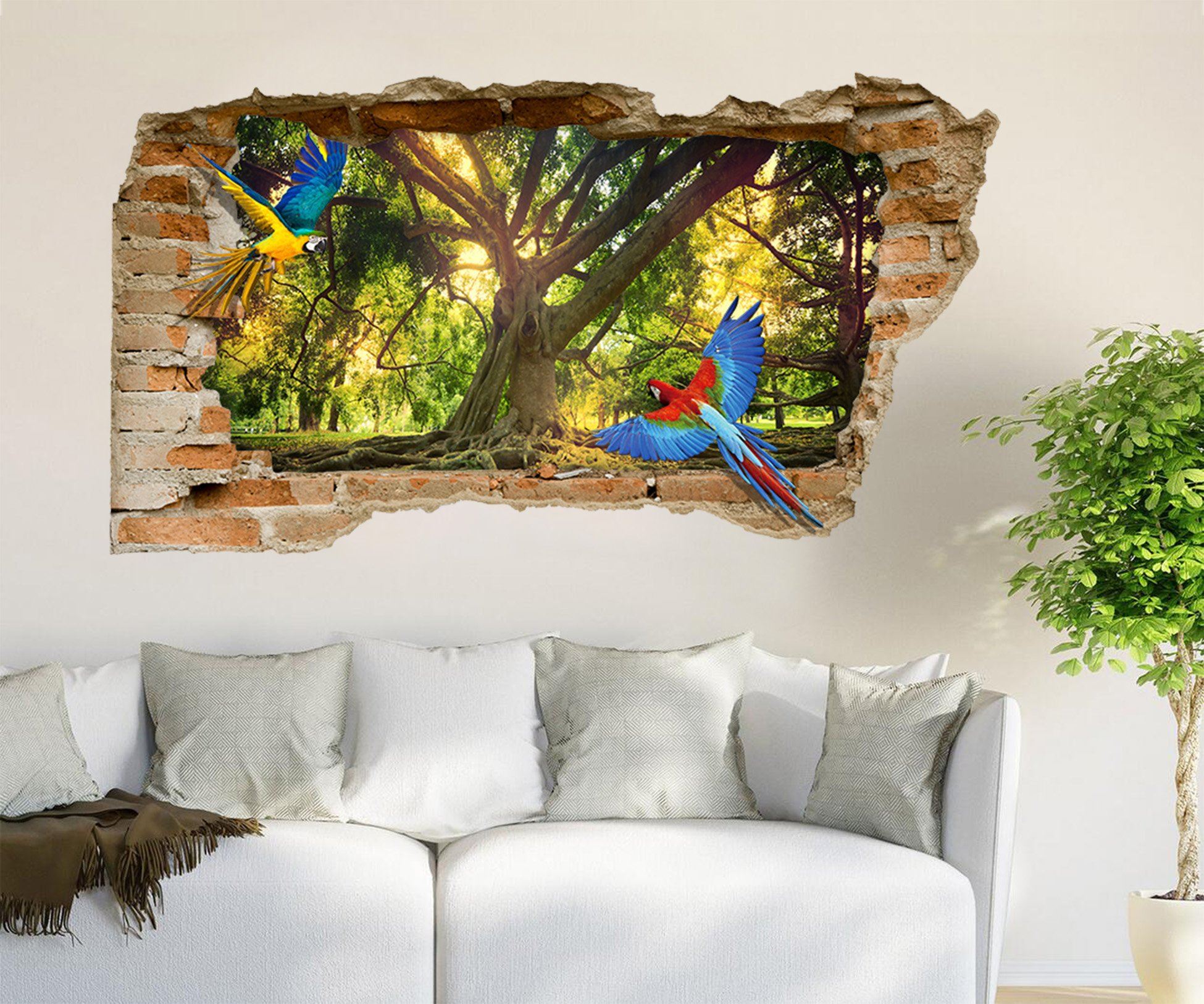 3D Trees Flying Parrots 353 Broken Wall Murals Wallpaper AJ Wallpaper