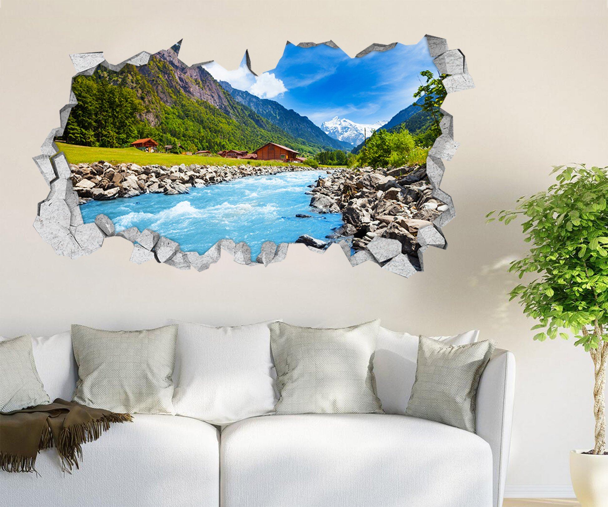 3D Mountains River 099 Broken Wall Murals Wallpaper AJ Wallpaper