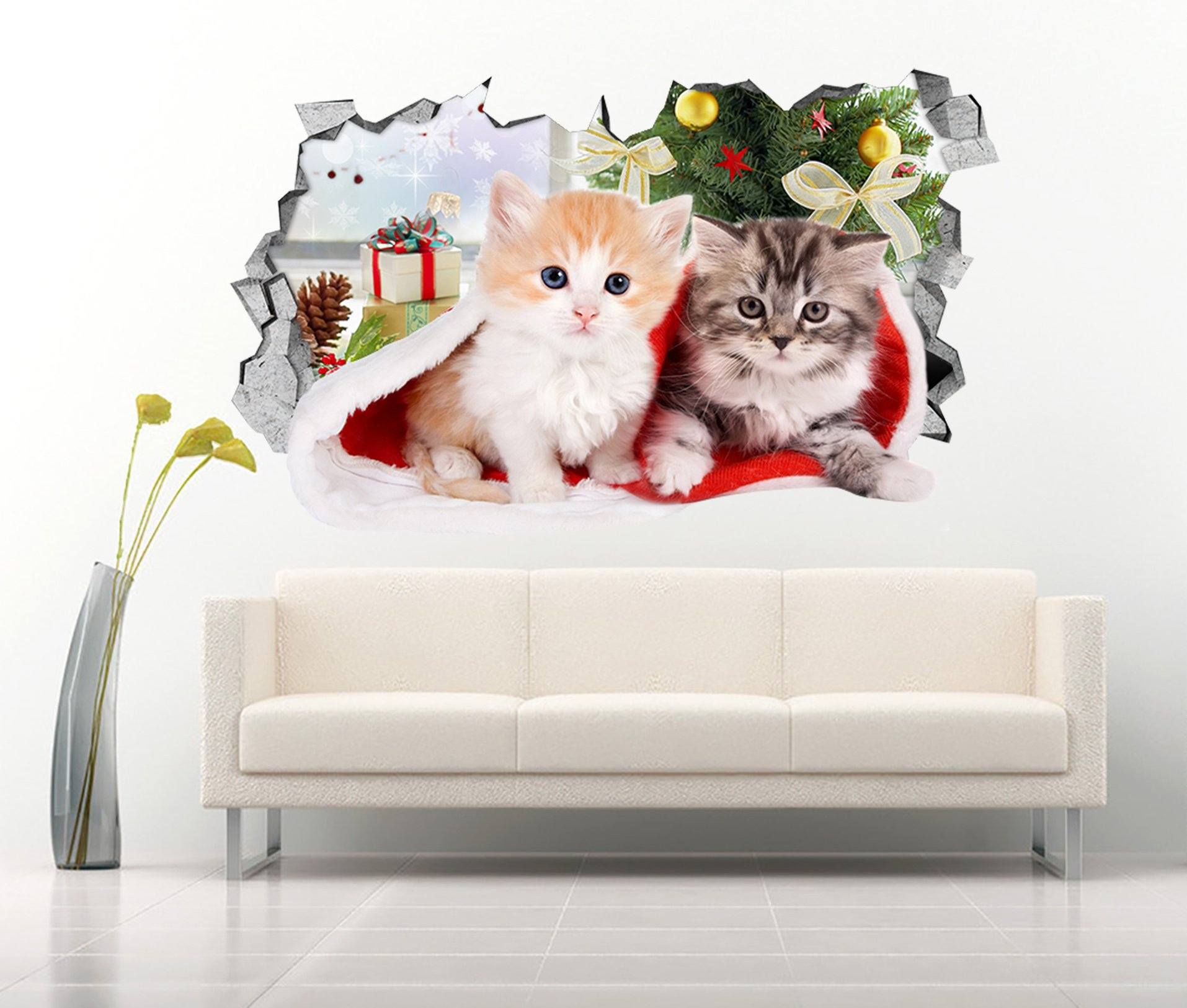 3D Christmas Cats 151 Broken Wall Murals Wallpaper AJ Wallpaper