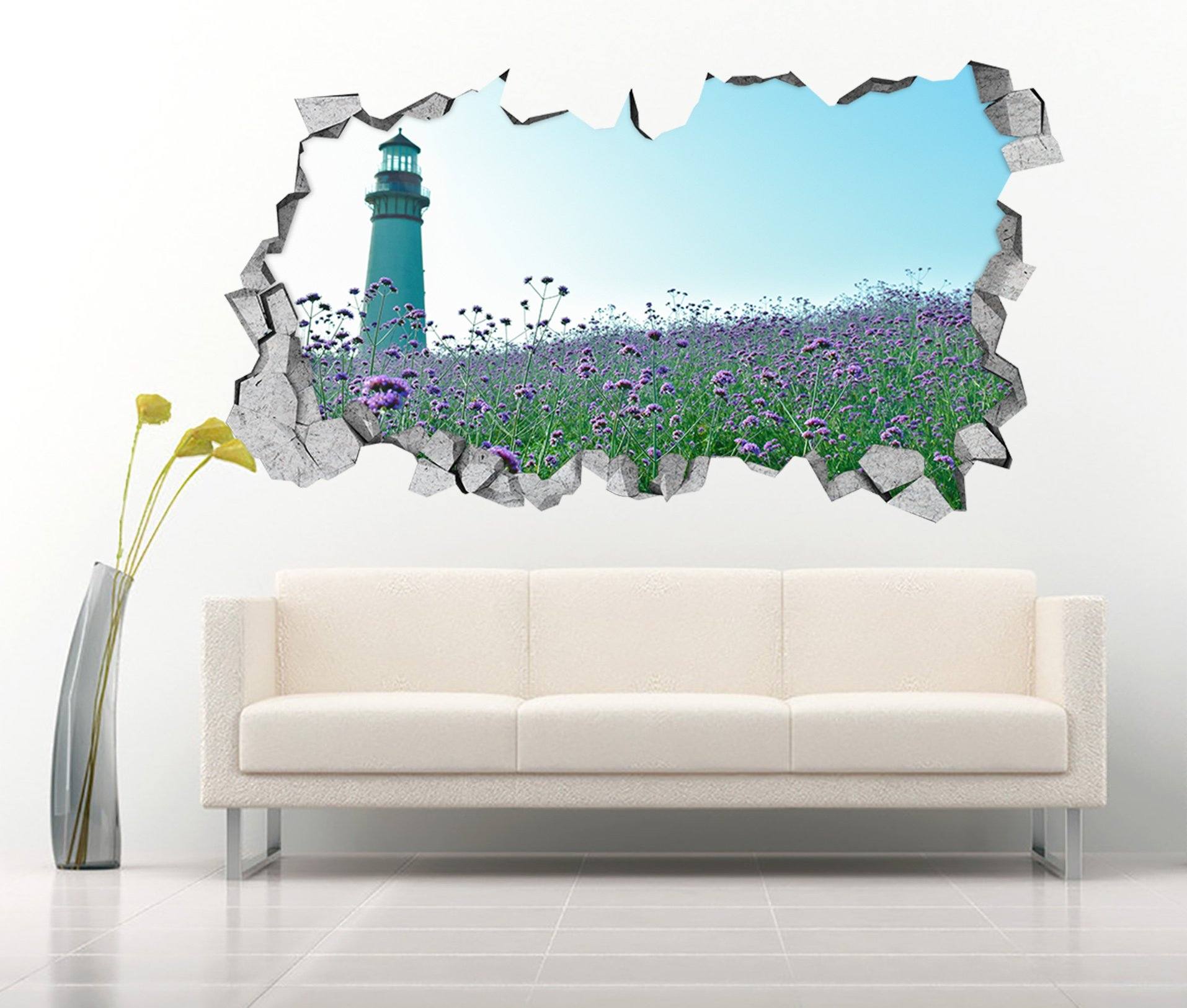 3D Flowers Field Lighthouse 041 Broken Wall Murals Wallpaper AJ Wallpaper