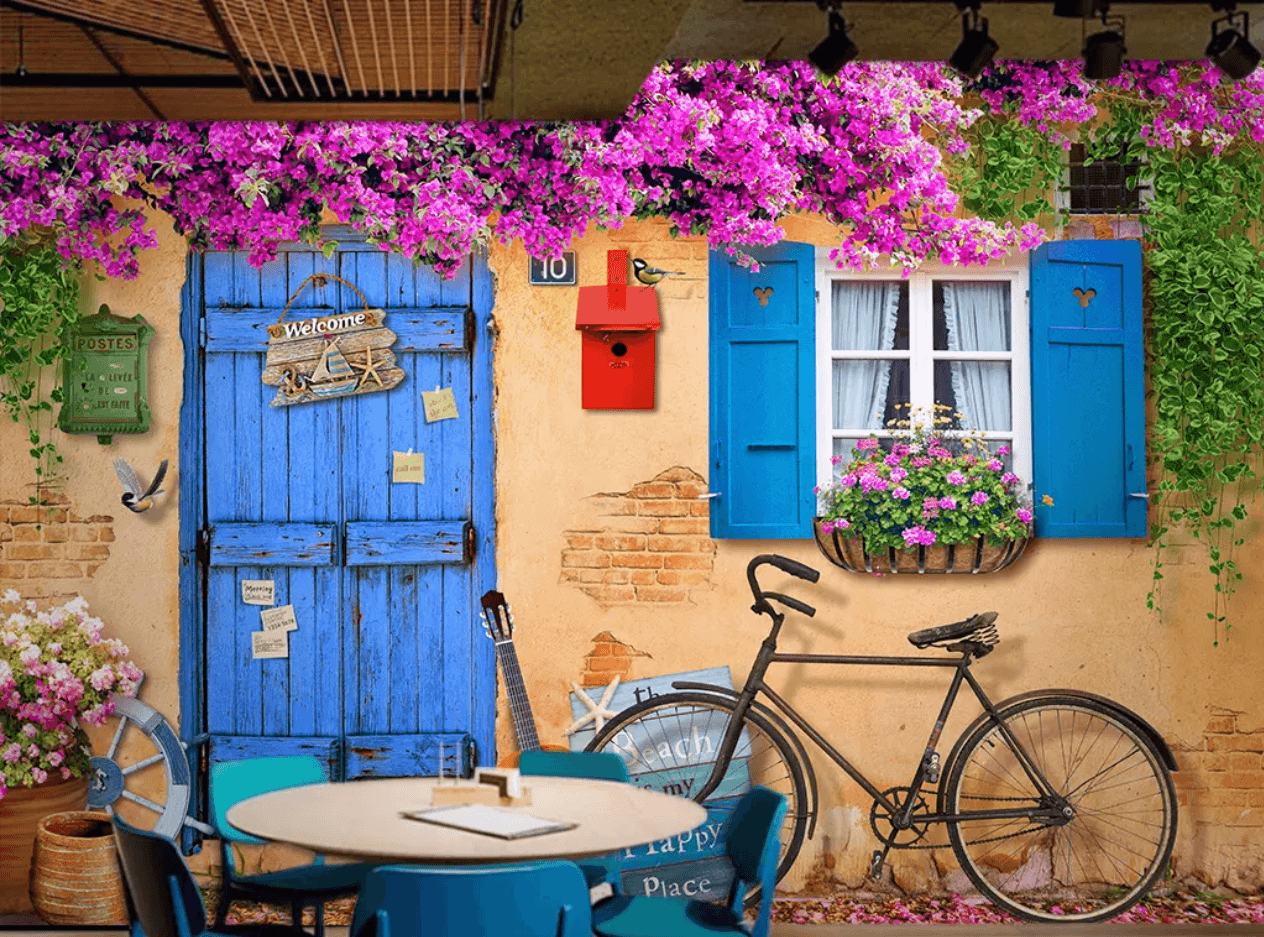 3D Wooden Door Flower Bicycle 185 Wallpaper AJ Wallpaper 2
