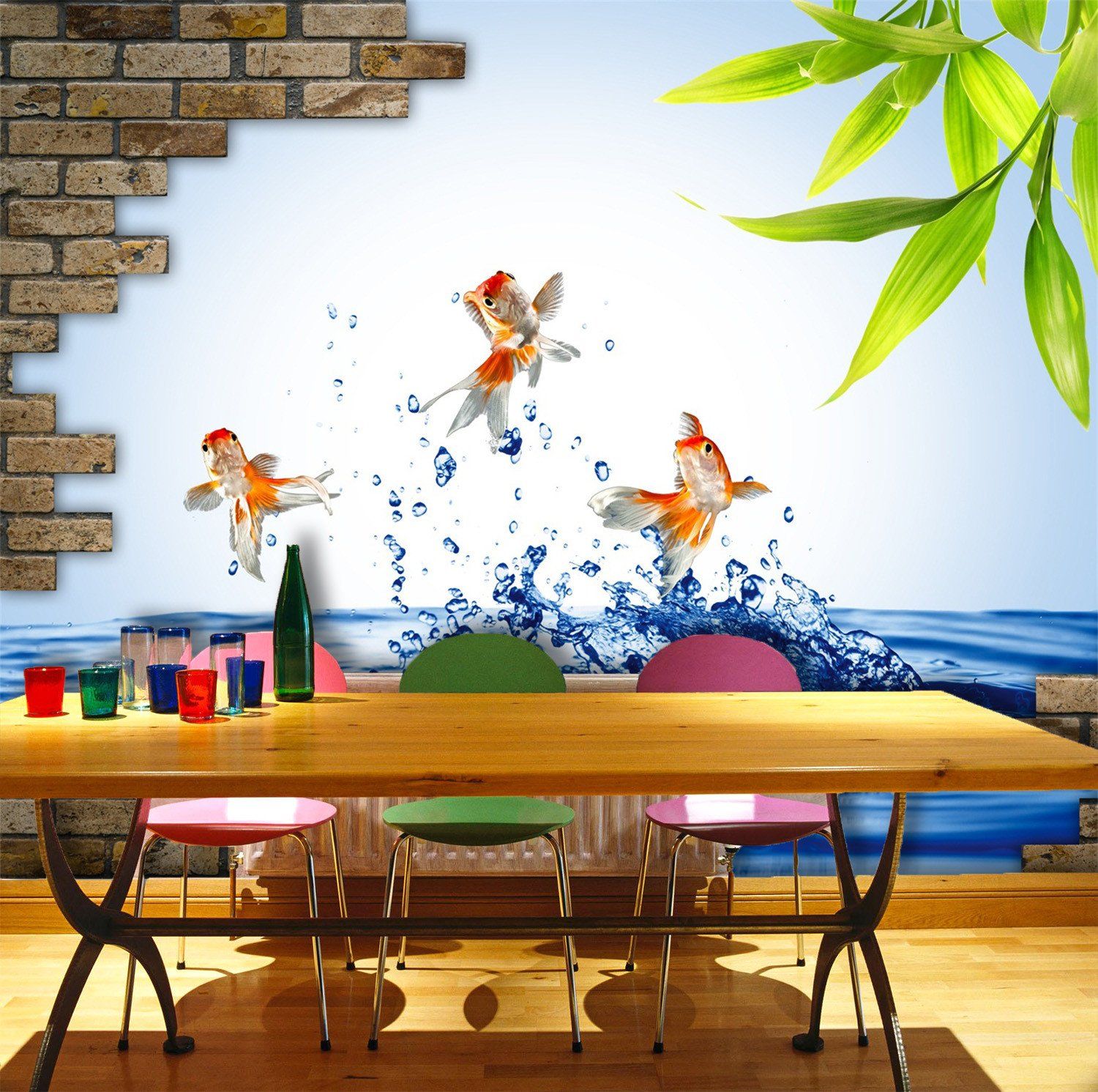 3D Golden Fish Leaves 112 Wallpaper AJ Wallpapers