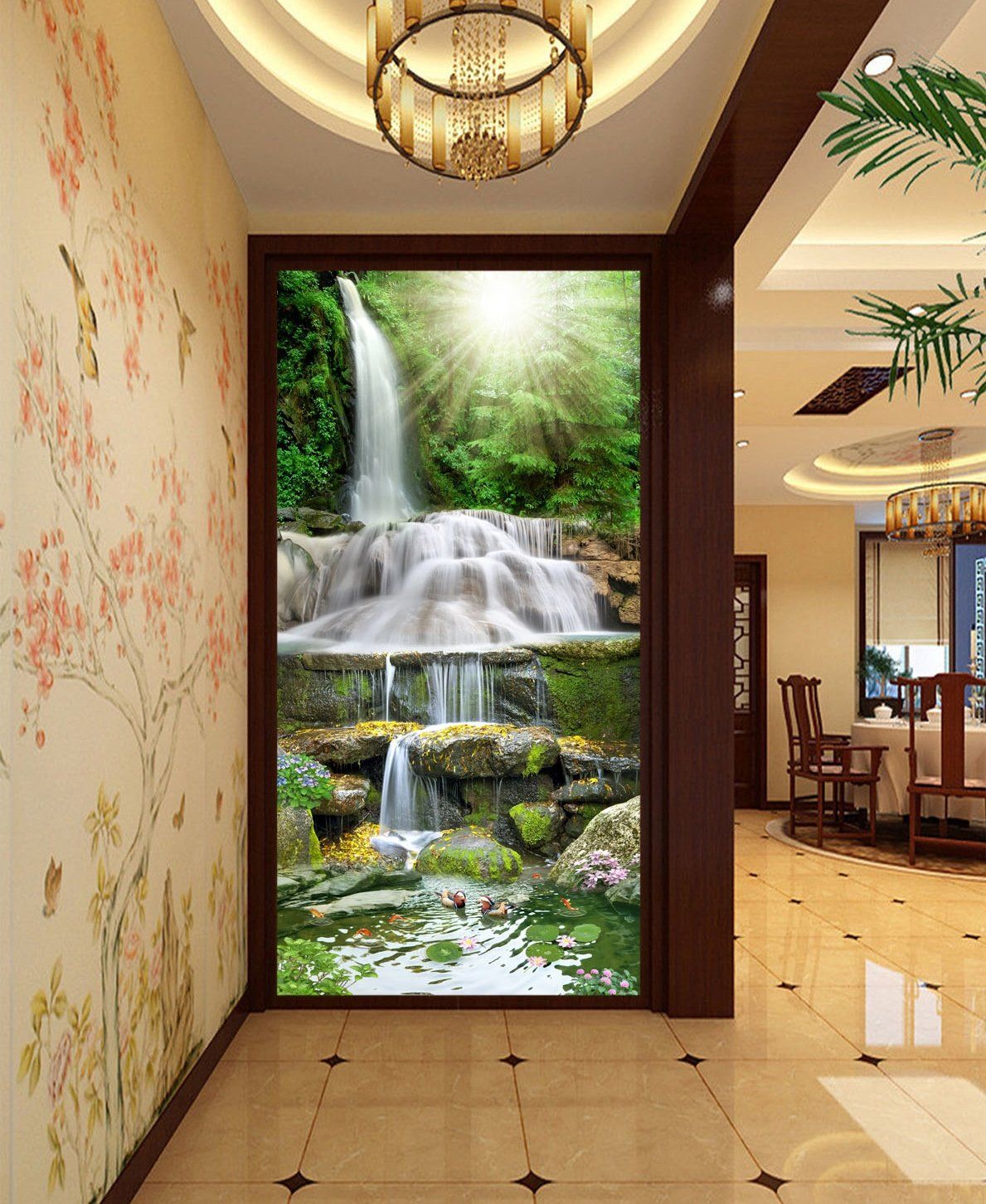3D Waterfall Mandarin Duck 380 Wallpaper AJ Wallpaper