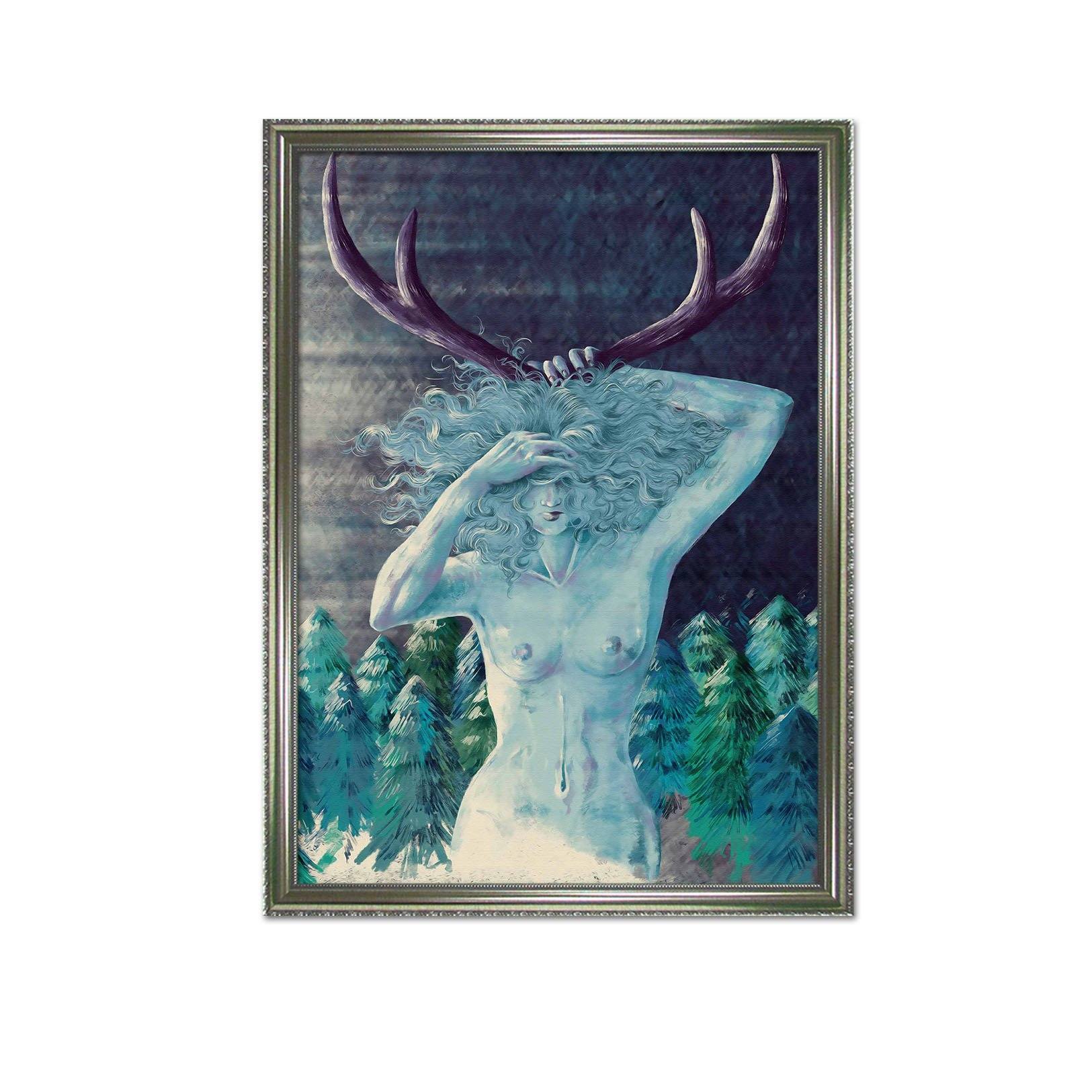 3D Antler Woman 084 Fake Framed Print Painting Wallpaper AJ Creativity Home