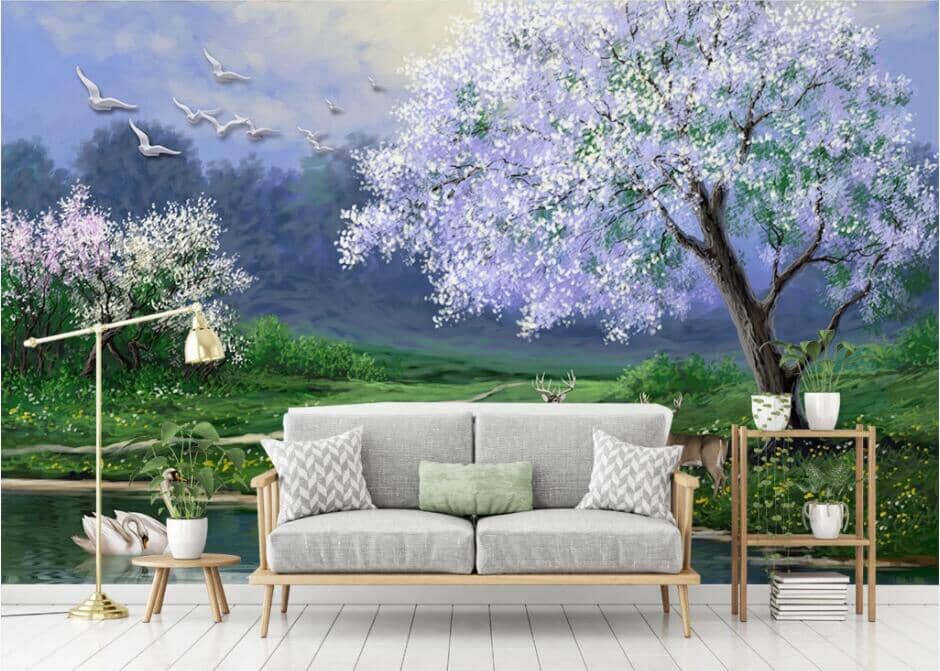3D Lake Swan Deer WC736 Wall Murals Wallpaper AJ Wallpaper 2