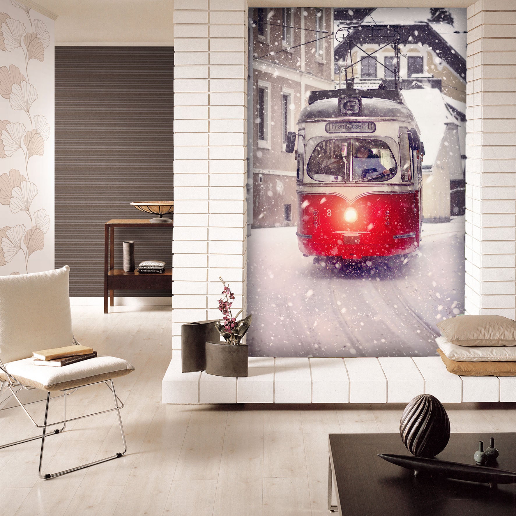 3D White Snow Bus 436 Vehicle Wall Murals