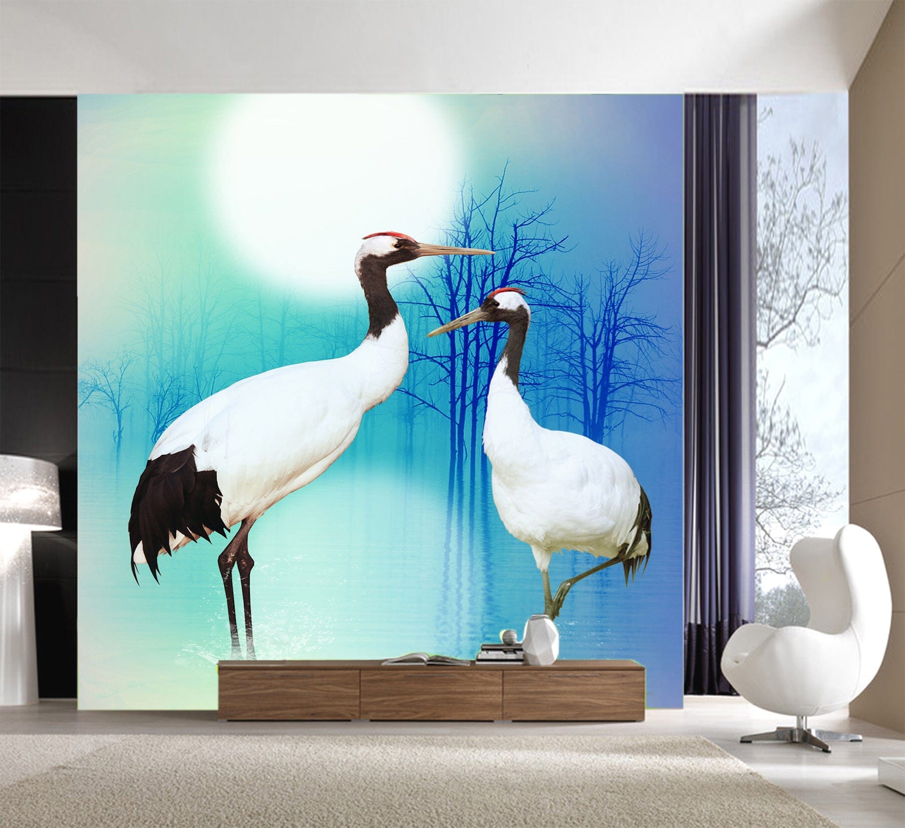 3D Moon White Crane 1089 Wall Murals Wallpaper AJ Wallpaper 2
