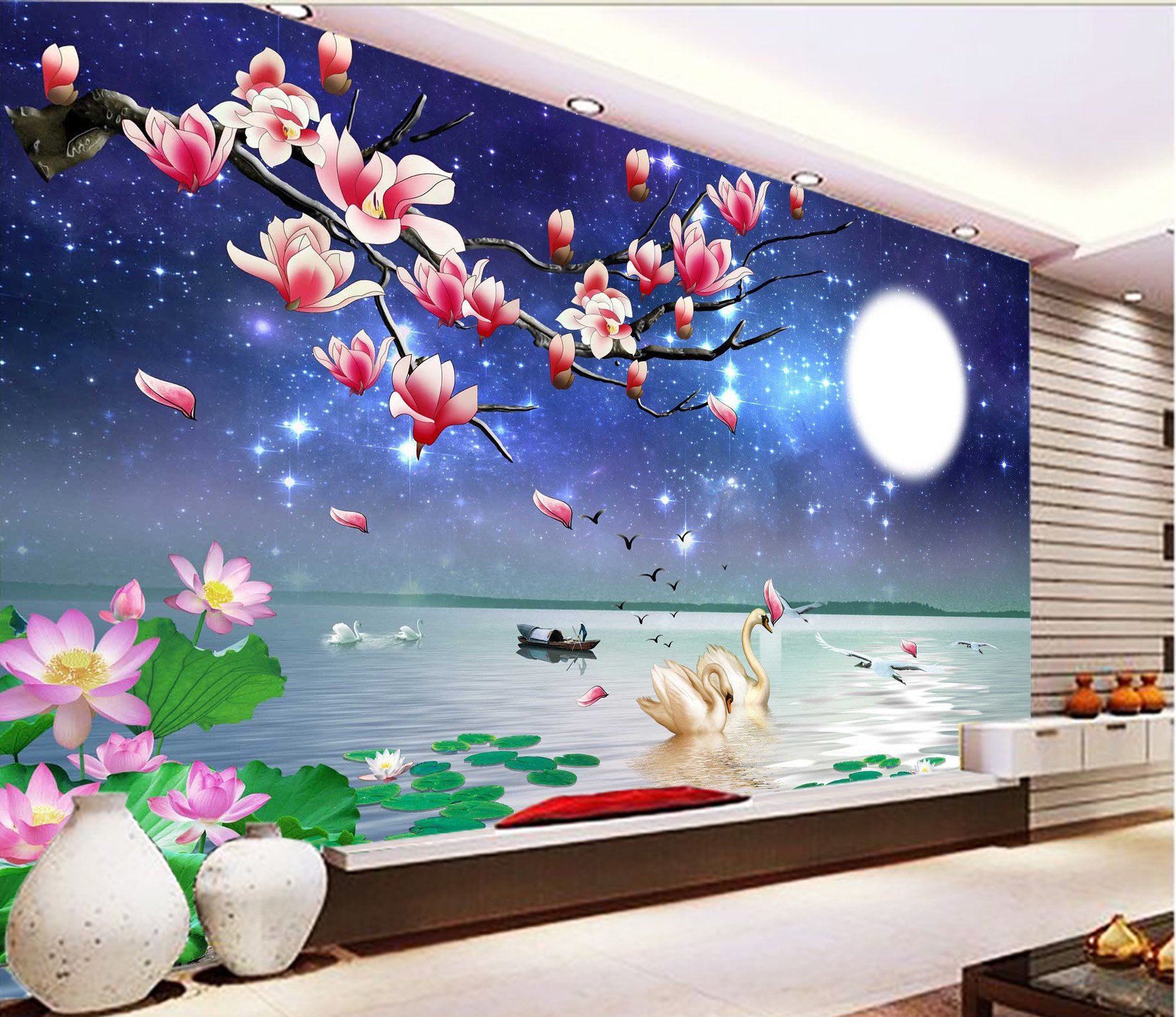 3D Moon Swan Boat 723 Wallpaper AJ Wallpaper