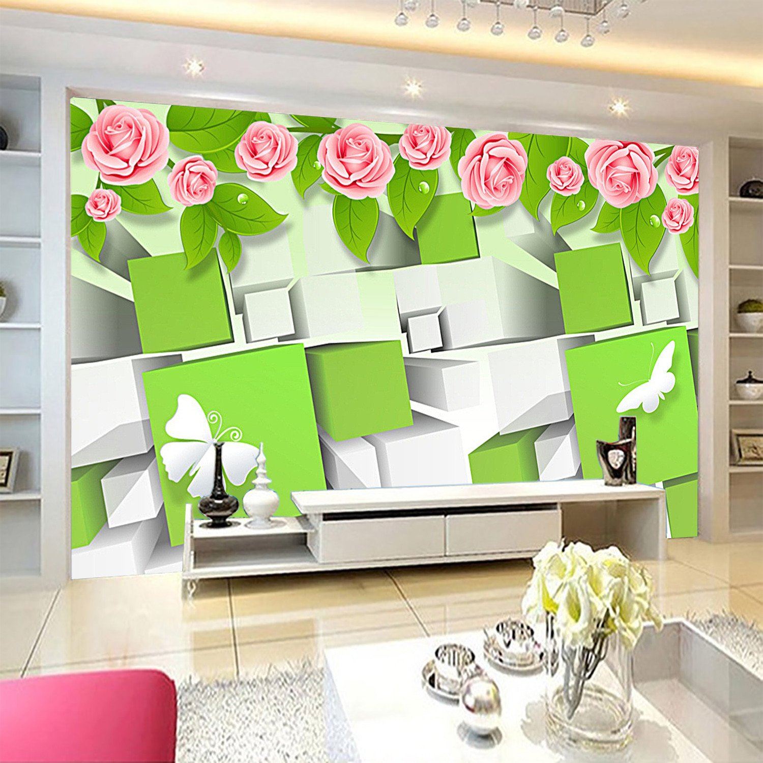 3D Rosy Flower Green Leaves 43 Wallpaper AJ Wallpaper