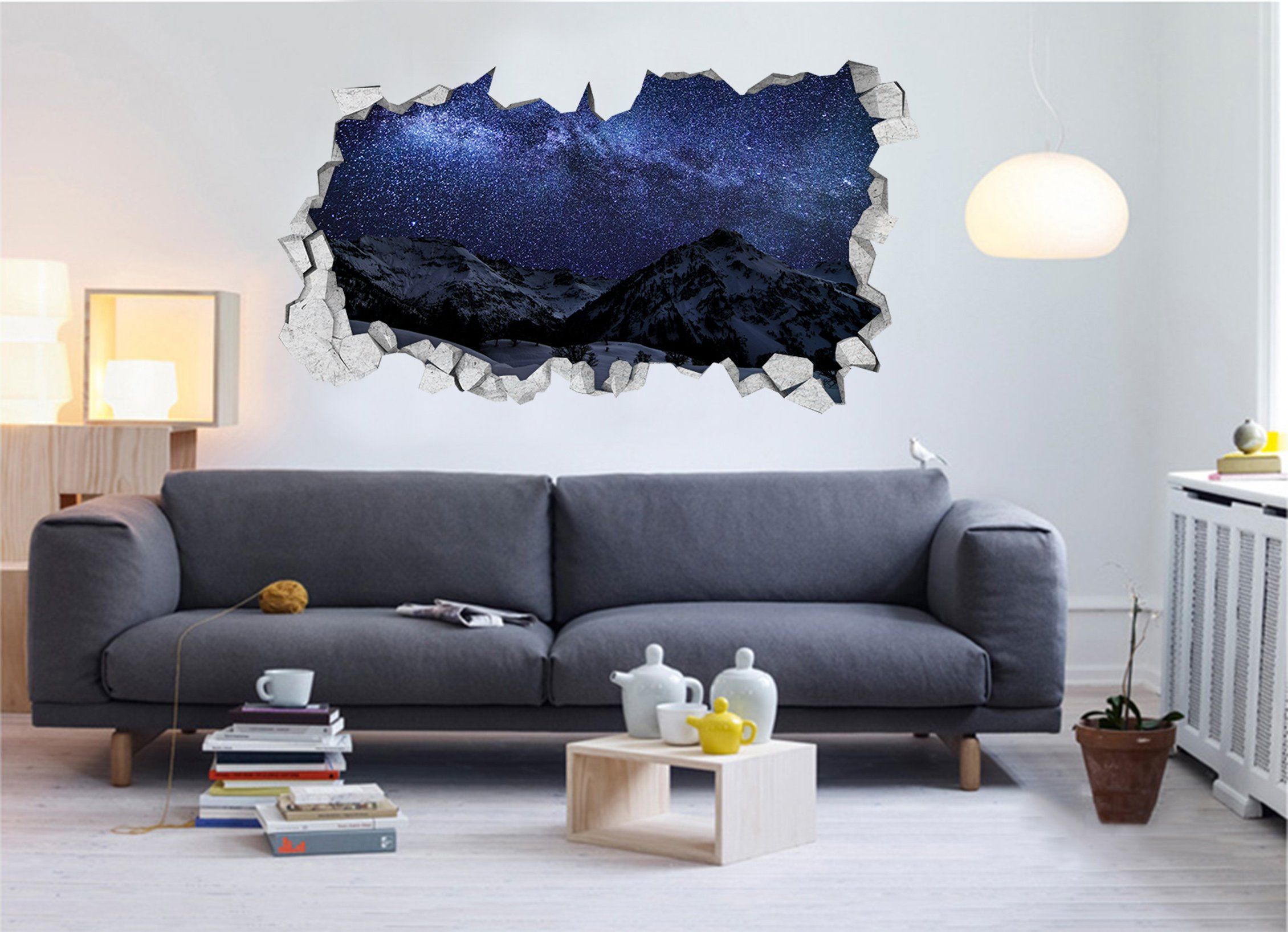 3D Snow Mountains Stars Sky 005 Broken Wall Murals Wallpaper AJ Wallpaper