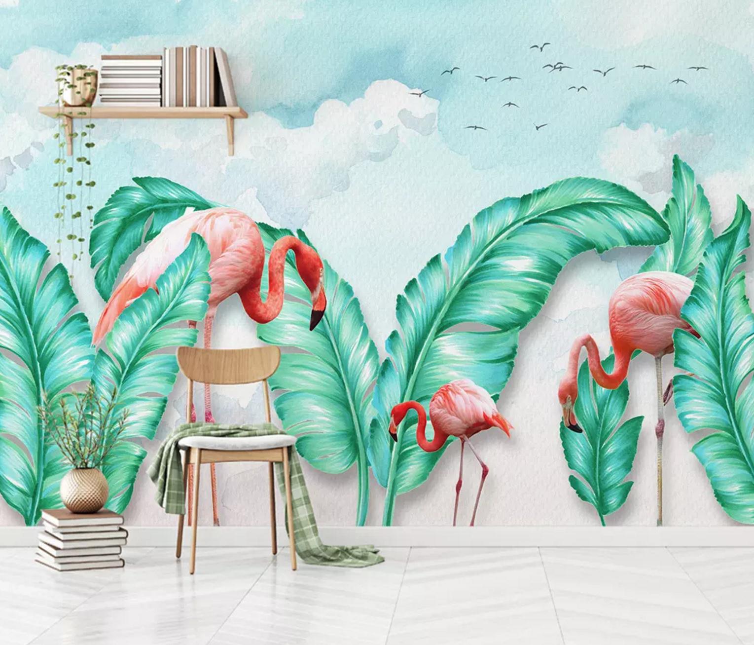 3D Flamingo Big Leaves WC575 Wall Murals