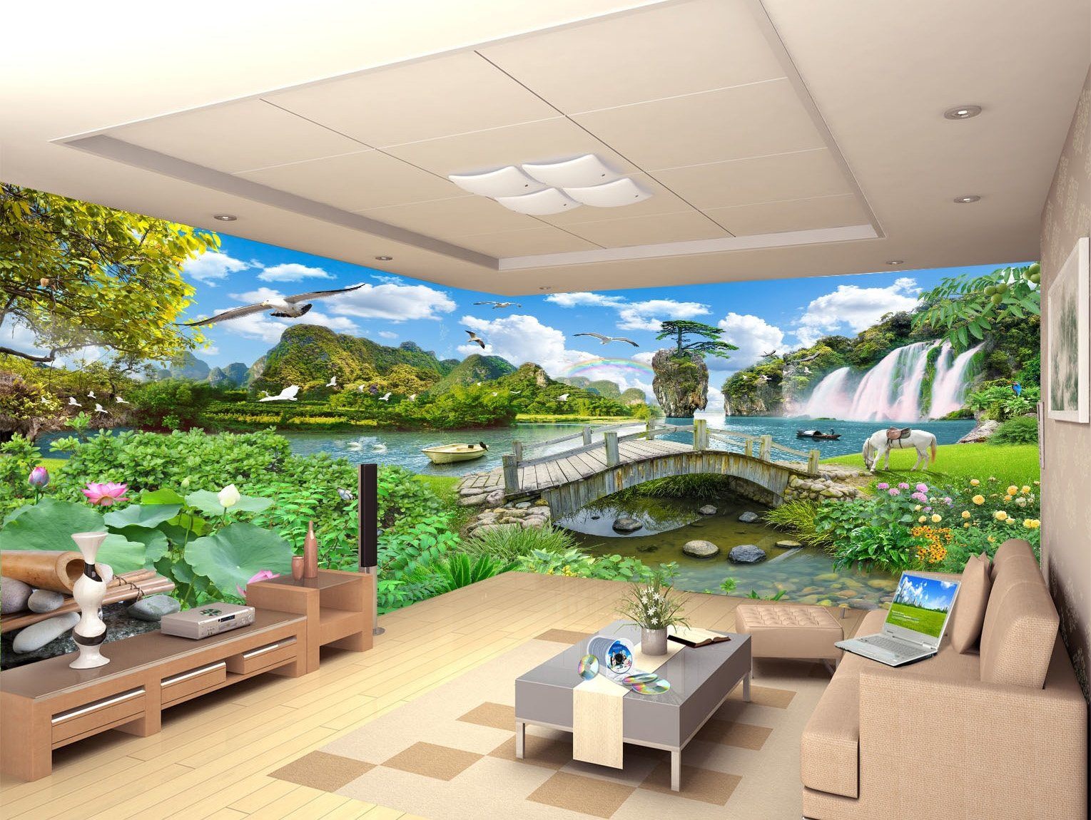 3D Waterfall Rainbow Horse 288 Wallpaper AJ Wallpaper