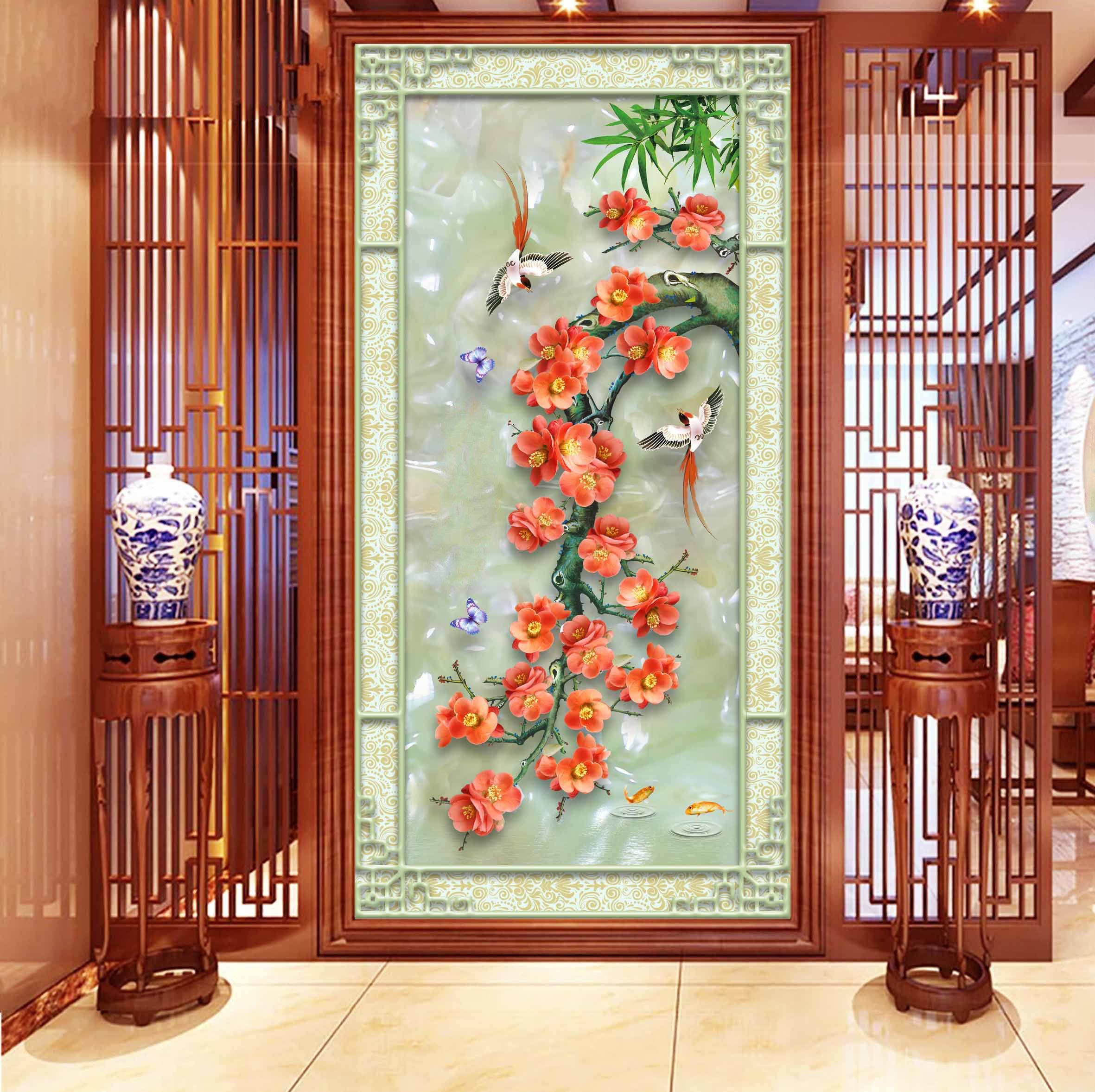 3D Jade Flower Butterfly 385 Wallpaper AJ Wallpaper