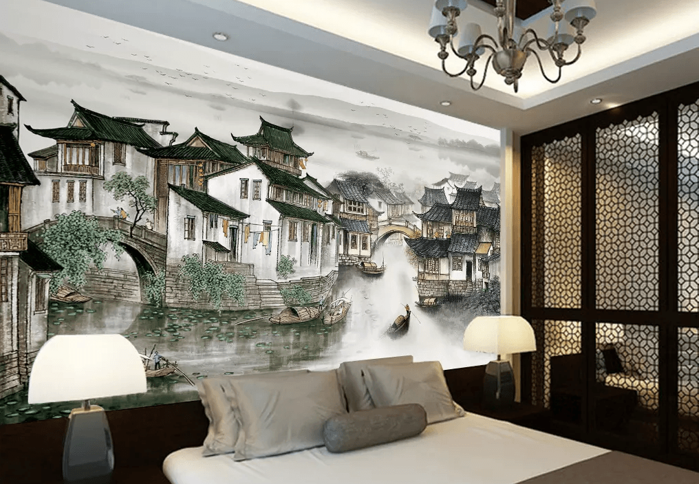 3D Ink Painting Small Town River 215 Wallpaper AJ Wallpaper 2