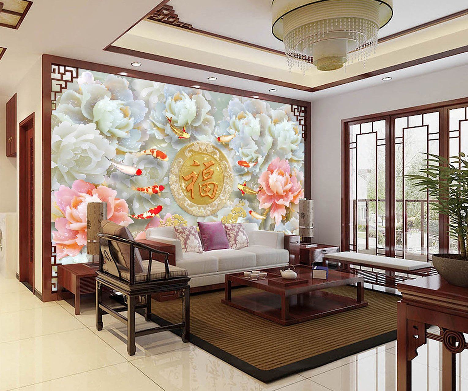 3D Embossed Flower Fish 287 Wallpaper AJ Wallpaper