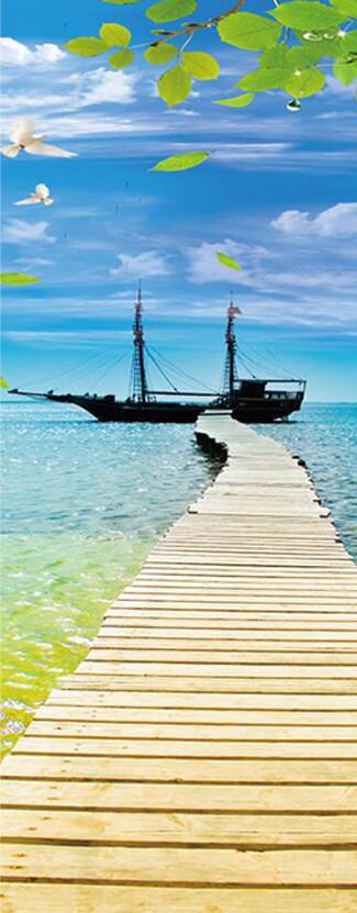 3D blue sky seagull sea plank bridge door mural Wallpaper AJ Wallpaper